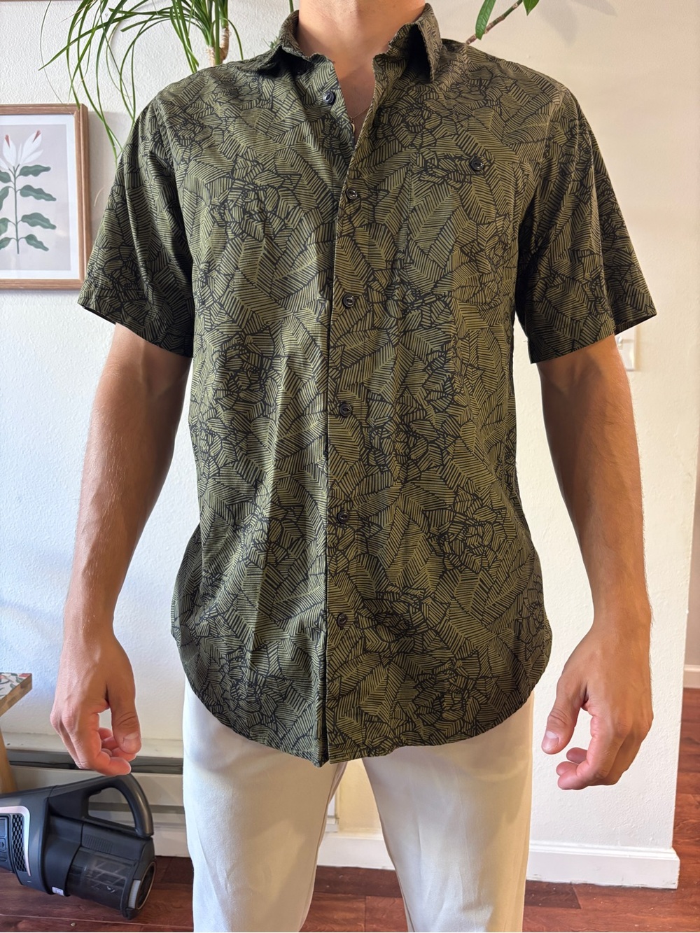 Short-Sleeve Olive Green Printed Button-Down Shirt